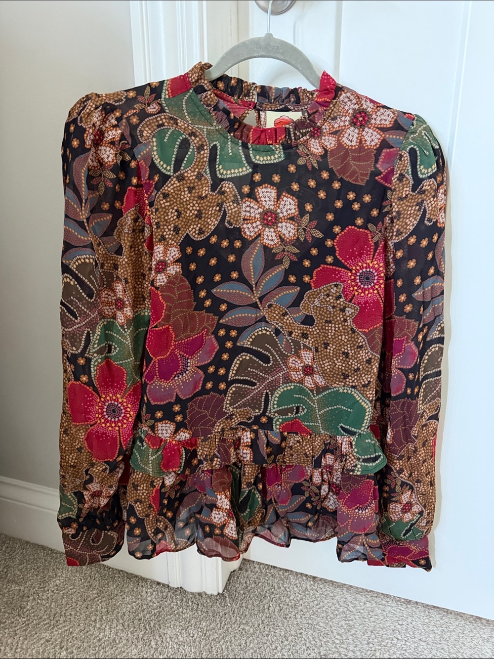 FARM RIO Mystic Bush Blouse Black Multi Jaquar Monstera Boho Top Sz M LongSleeve